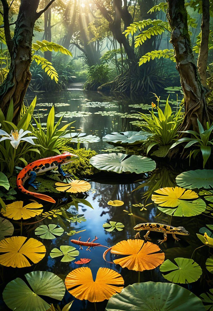 A tranquil landscape featuring a lush swamp transitioning into a serene pond. In the foreground, a variety of colorful salamanders are seen resting on lily pads and amongst wet leaves, showcasing their unique textures and patterns. In the background, hints of vibrant green foliage and soft sunlight filtering through the trees create a warm atmosphere. The image captures both the habitat's beauty and the challenges of survival in a seamless blend. super-realistic. vibrant colors. natural setting.