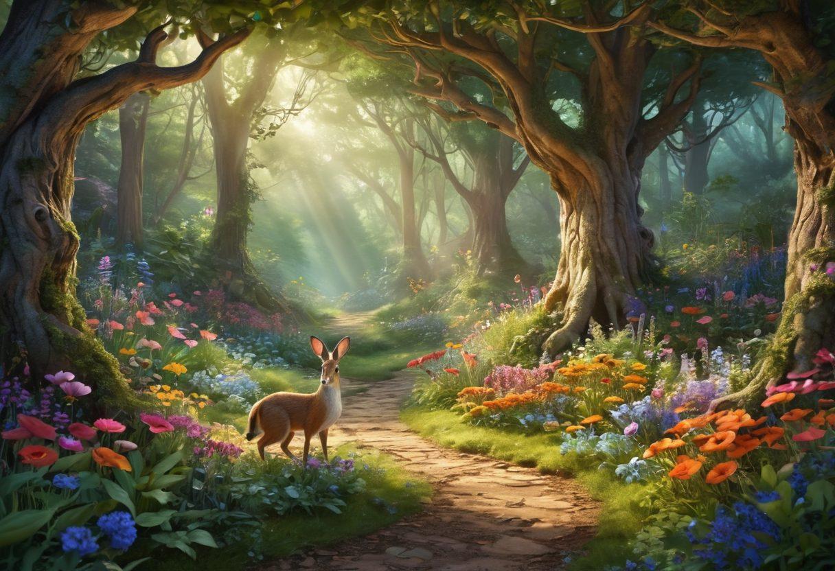 A whimsical forest scene showcasing Sally the animal in her natural habitat, surrounded by lush greenery and colorful flowers. Include hints of behavior like foraging or playful interaction with other woodland creatures. Add mysterious shadows and subtle hints of hidden elements, like a nest or burrow, to evoke curiosity. The color palette should be vibrant and inviting, creating an immersive and enchanting atmosphere. 3D art style. vibrant colors.